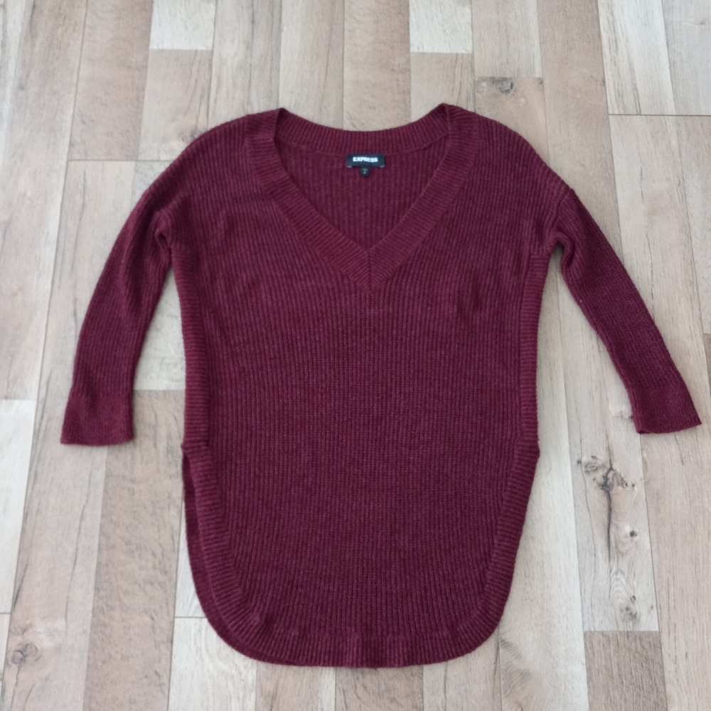Express Oversized Knit Sweater 3/4 Sleeve Split Sides-Burgandy